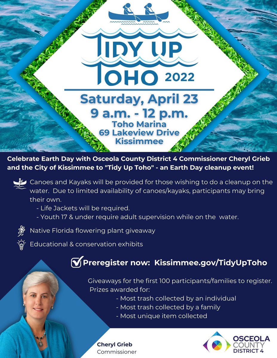 "Tidy Up Toho" as we clean up around the lakefront!  Bring your own canoes or kayaks, there will also be a limited number provided. There will be giveaways for the first 100 participants to register, so sign up now at Kissimmee.gov/TidyUpToho! 9 a.m. to noon on Saturday, April 23
