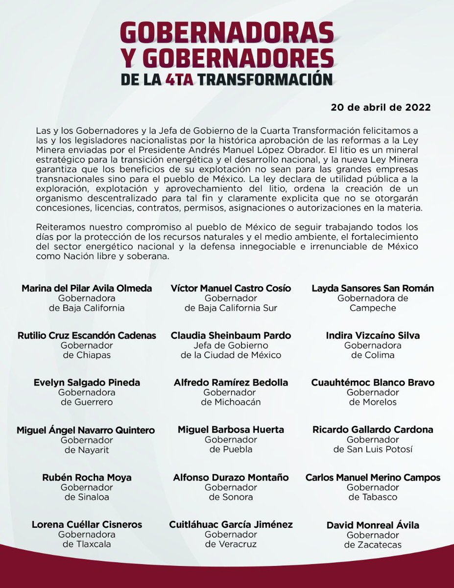 CuitlahuacGJ's tweet photo. La inmensa mayoría de gobernadores del país apoyamos la Ley Minera del presidente Andrés Manuel @lopezobrador_. https://t.co/ich0ech6Fn