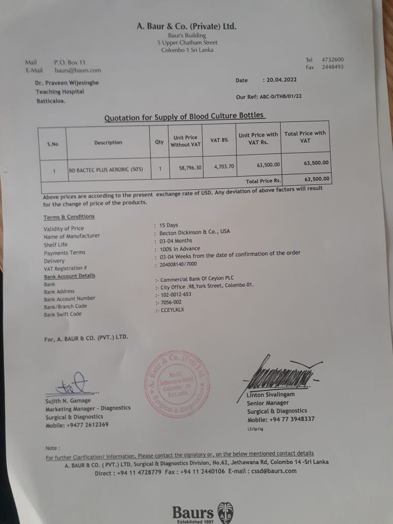 RubenThurairaj's tweet image. Batticaloa Hospital runs out of blood culture bottles. They are essential in the management of infections &amp;amp; available in #SriLanka. Private quote from supplier attached. Monthly requirement is 10 boxes for adults &amp;amp; children each. Could anyone help?Please retweet #SriLankaCrisis