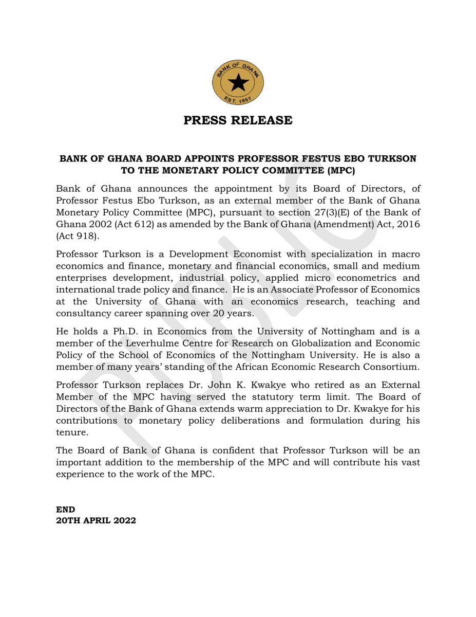 thebankofghana's tweet image. Bank of Ghana Board appoints Professor Festus Ebo Turkson to the Monetary Policy Committee