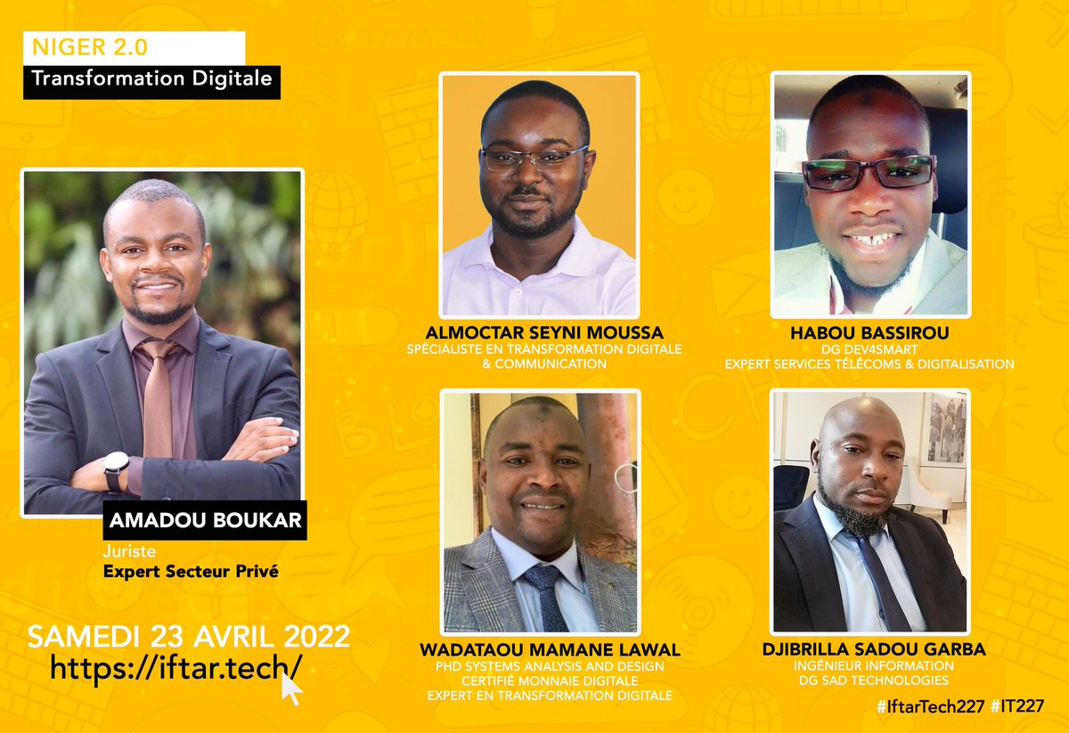 [/#IftarTech227🌙🤖 ] #TransformationDigitale 🎙️

Le Niger 2.0 ? On en parle à l'<a href="/iftartech/">Iftar Tech 227 🌞🍵</a> avec <a href="/AratelBassir/">Habou Bassirou</a> DG <a href="/dev4smart/">Dev4Smart</a>, <a href="/seynim6/">Almoctar Seyni Moussa</a> expert en transformation digitale, Sadou Garba DG Sad Technologies et Wadataou Mamane PhD en Systèmes d'Analyse.
