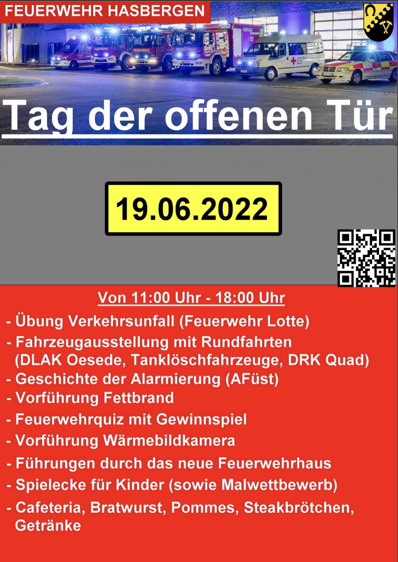 FF_Hasbergen's tweet photo. Tag der offenen Tür 2022

„Feuerwehr hautnah“ – Unter diesem Motto veranstaltet die Feuerwehr Hasbergen am 19.06.2022

einen Tag der offenen Tür, an welchem alle Besucher und Freunde der Feuerwehr Hasbergen

von 11:00 – 18:00 Uhr die Rettungskräfte von

https://t.co/P96YTSHikq https://t.co/MjRlH7nO7E