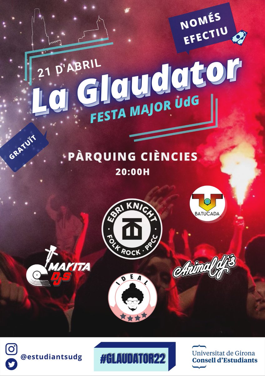 estudiantsudg's tweet photo. 🕜Tic-tac... tic-tac... El dijous 21 d'abril a les 20 h teniu una cita amb la festa més esperada de la comunitat universitària. La Glaudator us espera amb els braços oberts al pàrquing de ciències. T'ho perdràs?

#LaGlaudator2022 https://t.co/uOZAO5ziFC