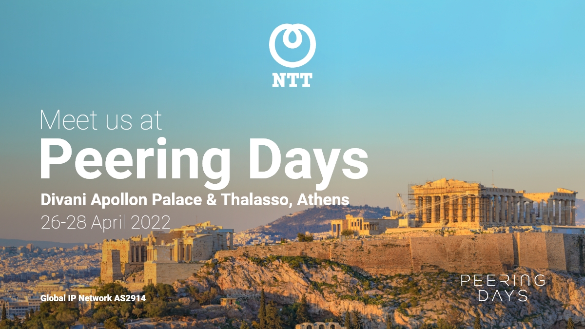 GinNTTnet's tweet photo. @GlobalNTT is pleased to support and attend the #PeeringDays conference in Athens. Meet our Global IP Network team and see how our Tier 1 #AS2914 backbone can help interconnect your clients, people and networks. Please DM us to schedule a meeting.

#NTT #iNTTerconnected https://t.co/TwIMXXdM9q