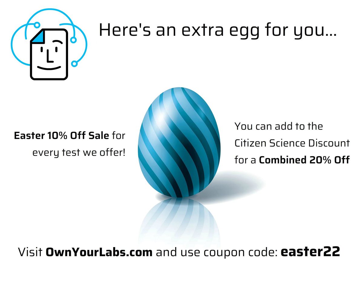The OYL Easter sale continues through this week! 🐇
😎This can be stacked with the Citizen Science Discount for extra savings (if desired)
⏳Orders can be made several months ahead of time if you want to buy now and test later
✋Proceeds go to the Citizen Science Foundation!