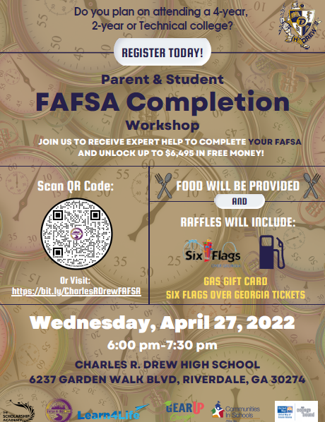 FAFSA event at Charles R. Drew HS, 4/27 from 6-7:30PM. Hosted by <a href="/scholarshipacad/">The Scholarship Academy</a> &amp; <a href="/GEARUPGeorgia/">GEAR UP Georgia</a>
 
Culinary Arts is catering food, and we will be raffling off  Six Flags tickets and a gas gift card.  Register by scanning the QR code or by visiting bit.ly/CharlesRDrewFA…