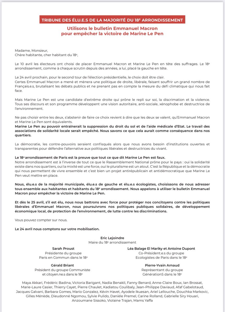 EricLejoindre's tweet photo. Avec des élu.e.s de la majorité municipale du 18eme, nous appellons à utiliser le bulletin Macron pour battre Marine Le Pen dimanche prochain. https://t.co/PyX3UYBeKp
