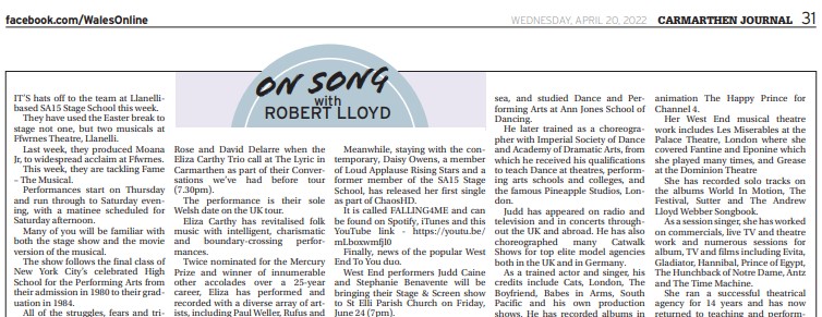 rlloydpr's tweet photo. The latest 'On Song' column by @rlloydpr is in @LlanelliStar @Carmjournal today &amp; puts the spotlight on the @SA15Stageschool production of Fame @TheatrauSirGar Ffwrnes
(PS: Keep RL posted on upcoming concerts!)
#SupportYourLocalPaper
#buyapaper https://t.co/j87zyDpwVv