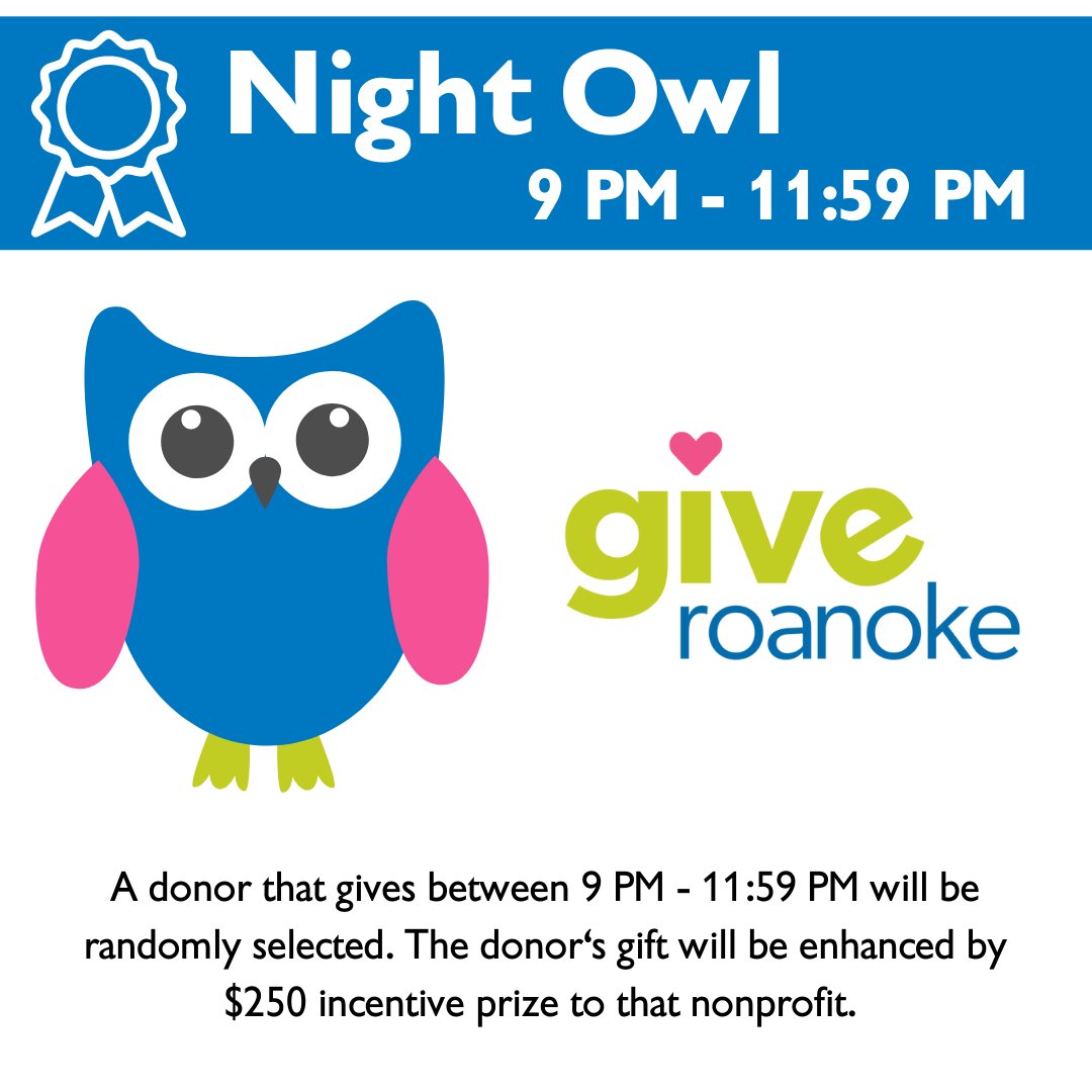 Calling all night owls! Hoo? Night owls! 🦉

A donor that gives between 9 PM – 11:59 PM will be randomly selected. The donor’s gift will be enhanced by a $250 incentive prize to that nonprofit. 

Night owls GIVE now at giveroanoke.org. 

#GIVERoanoke