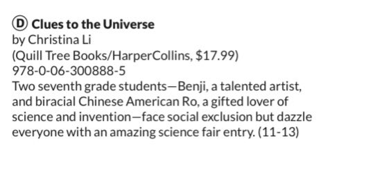 CLUES TO THE UNIVERSE has been selected by the Bank Street College of Education as one of their 2022 best children’s books of the year, along with so many fabulous #the21ders books!! thank you @bankstreetedu! ✨✨✨