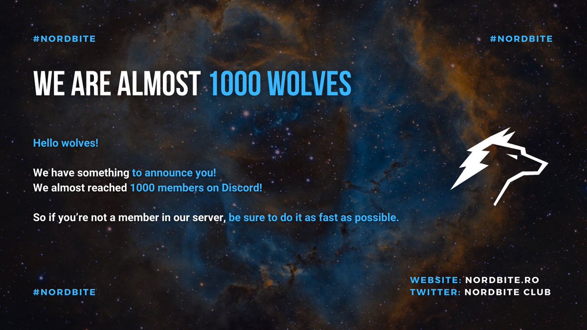 nordbite's tweet photo. Hello wolves!

We have something to announce you! We almost reached 1000 members on Discord!

So if you’re not a member in our server, be sure to do it as fast as possible.

#nordbite #ElrondNetwork #nfts https://t.co/rVJWULQhWv