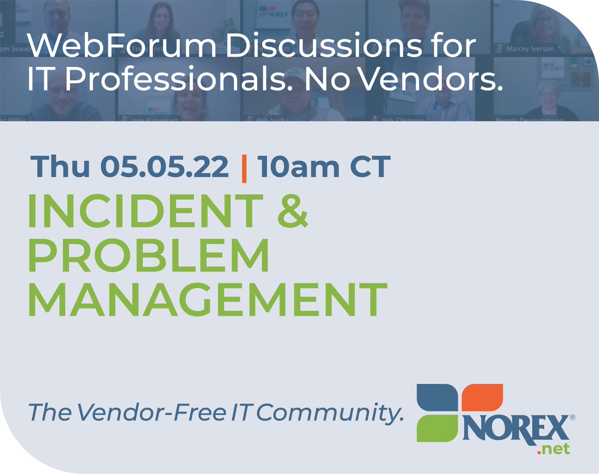 NOREXnews's tweet photo. Connect with IT professionals in this discussion to share processes, tools, best practices, and experiences focused on problem management, preventing incidents and / or reducing their impact, and more. View details and register at https://t.co/cxb2qJhCrS. https://t.co/yNii2VYMXH https://t.co/YVWt59gaDN