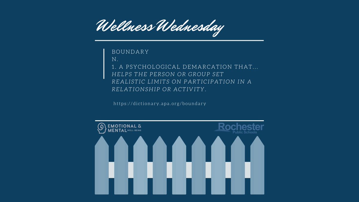Wellness Wednesday

boundary
n.
1. a psychological demarcation that... helps the person or group set realistic limits on participation in a relationship or activity.

dictionary.apa.org/boundary