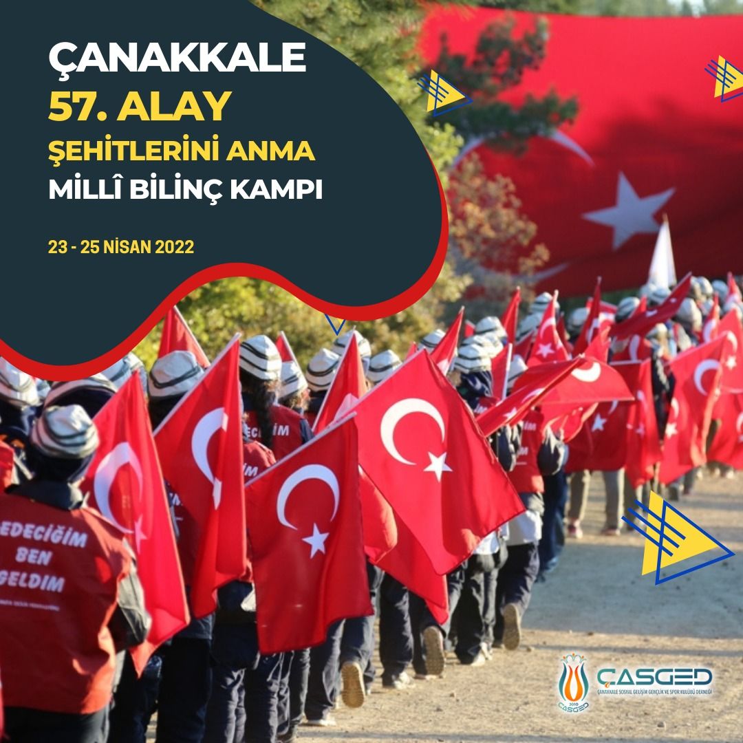 Çanakkale 57. Alay Şehitlerini Anma Millî Bilinç Kampı, Çanakkale, Eceabat, Kocadere Köyü yakını, kışla mevkiinde 23-25 Nisan 2022 tarihlerinde gerçekleştirilecek.

ÇASGED izci ve liderlerimiz de kampta yer alacak.
İzcilerimize hayırlı kamplar dileriz. 

#millibilinç #çasged