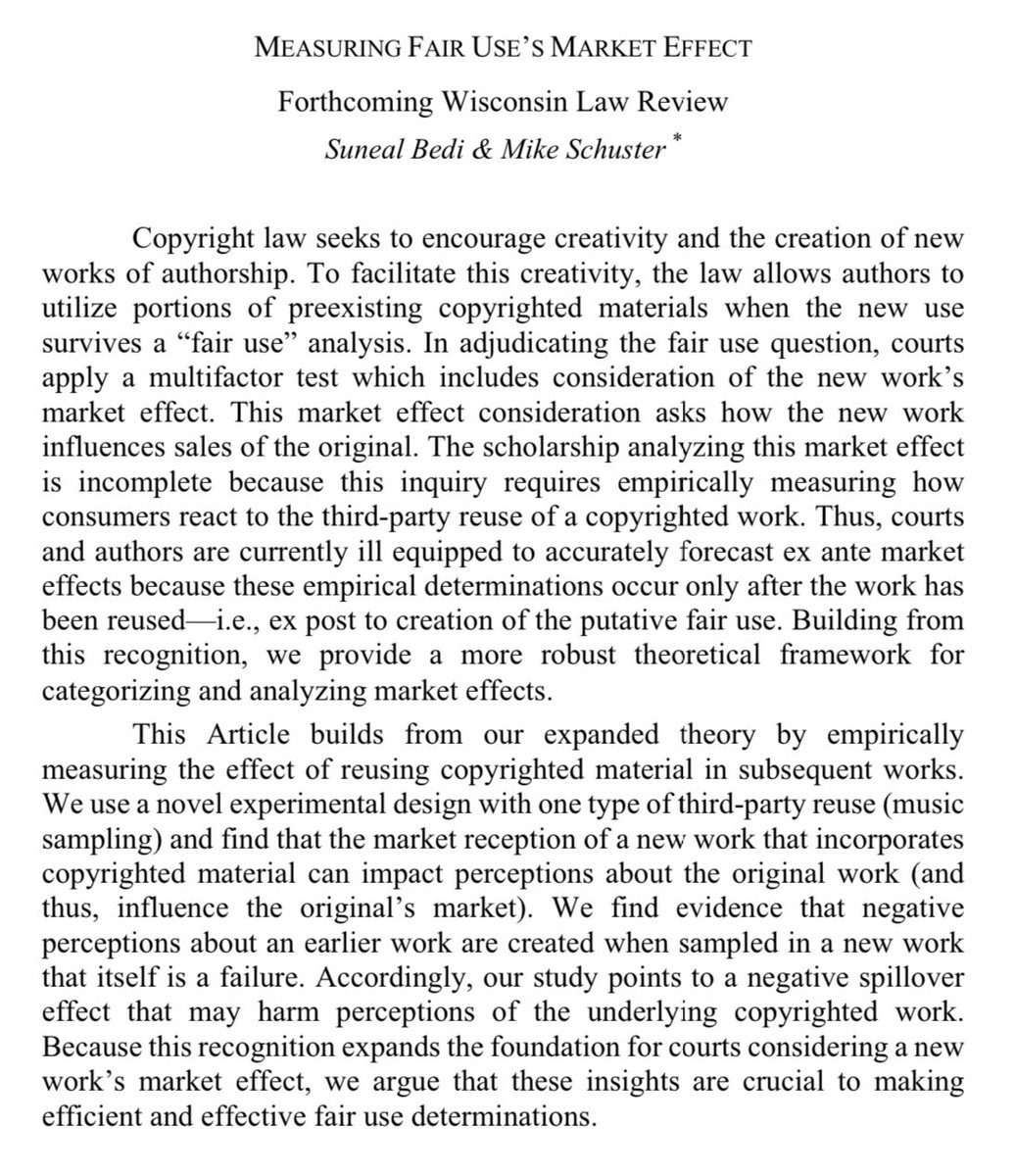 Suneal Bedi (@sunealbedi) on Twitter photo In a forthcoming article in <a href="/WisLRev/">Wisconsin Law Review</a> titled âMeasuring Fair Usesâs Market Effectâ <a href="/Prof_Schuster/">Mike Schuster</a> and myself document empirical evidence of what happens to perceptions of a song when it is subsequently sampled. Teaserânegative spillovers loom large.
papers.ssrn.com/sol3/papers.cf⊠In a forthcoming article in <a href="/WisLRev/">Wisconsin Law Review</a> titled âMeasuring Fair Usesâs Market Effectâ <a href="/Prof_Schuster/">Mike Schuster</a> and myself document empirical evidence of what happens to perceptions of a song when it is subsequently sampled. Teaserânegative spillovers loom large.
papers.ssrn.com/sol3/papers.cfâŠ