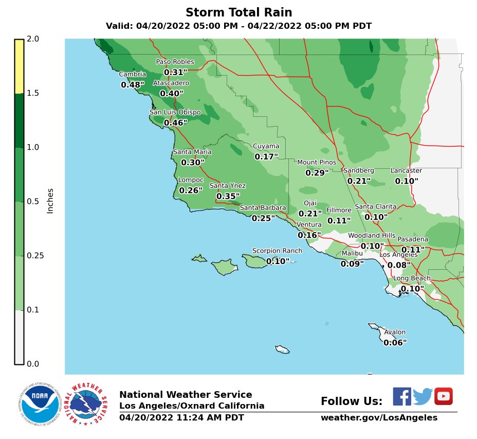 Rain may make another welcome April return to the area on Thursday-Friday, mostly falling over SLO and SBA Counties.  Here is a glance at preliminary rainfall totals. #CAwx #larain