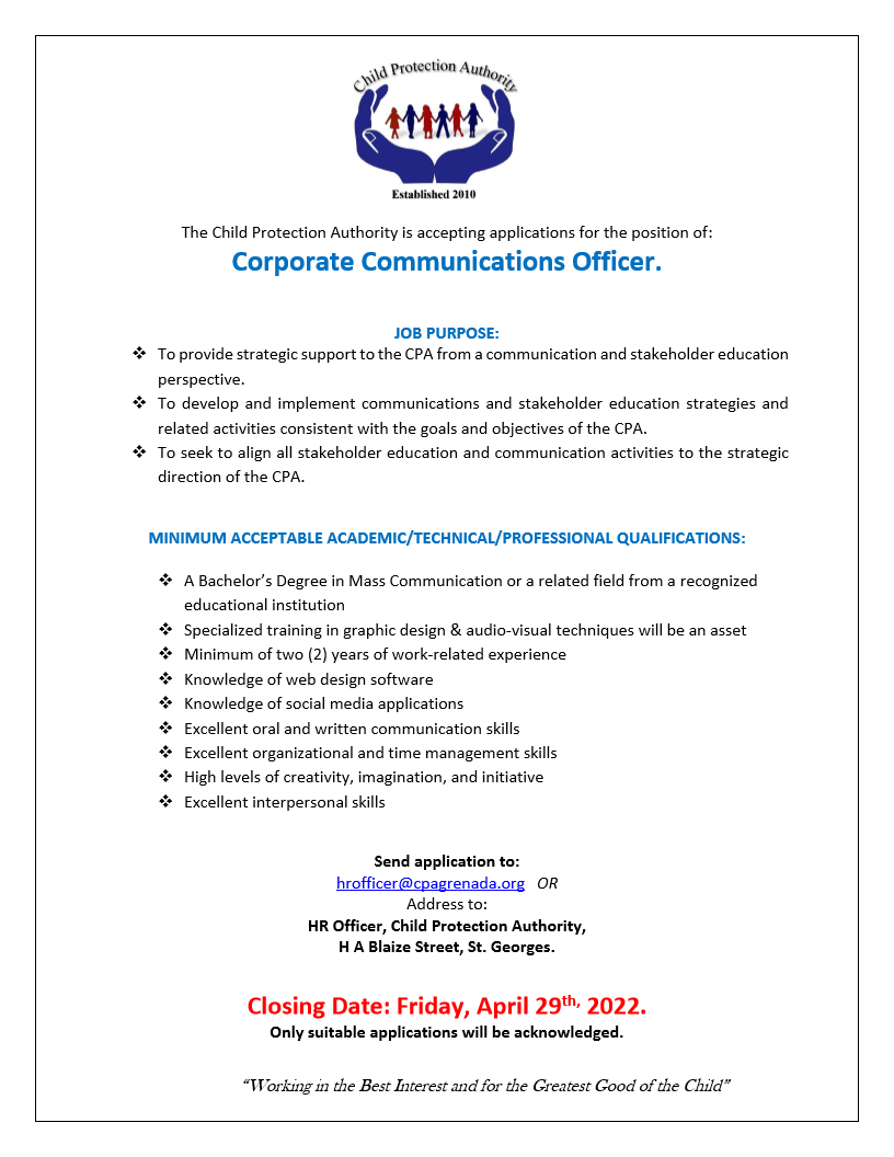 CPA_Grenada's tweet photo. Child Protection Authority Job Opportunity: Corporate Communications Officer https://t.co/I99esN9ONc