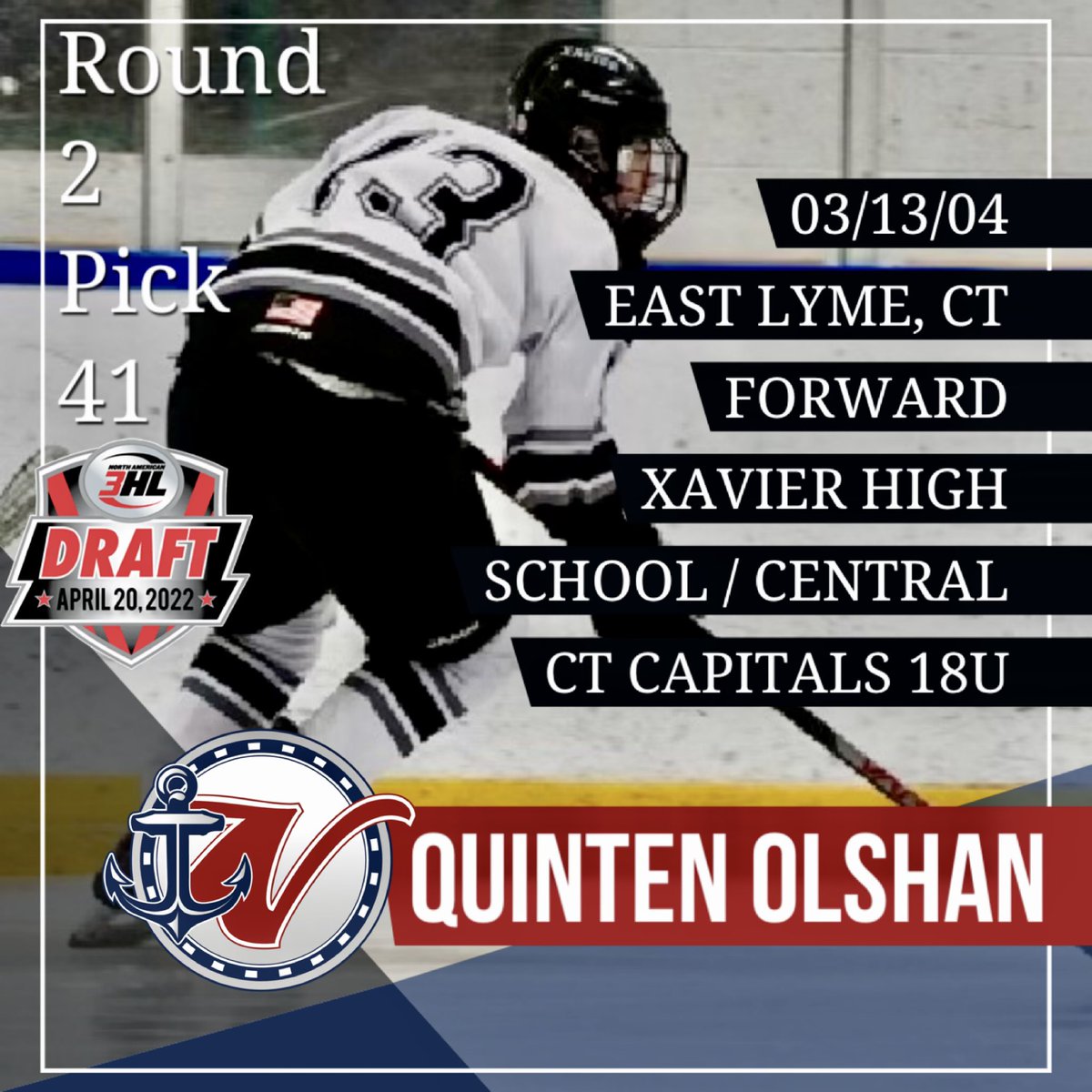 NorwichNA3HL's tweet photo. The Norwich Sea Captains are pleased and proud to announce that we have selected local product Quinten Olshan in the NA3HL Draft!
We would like to welcome Quinten and his family to Norwich!
#WelcomeAboard⚓️ https://t.co/rJjakuPNCf