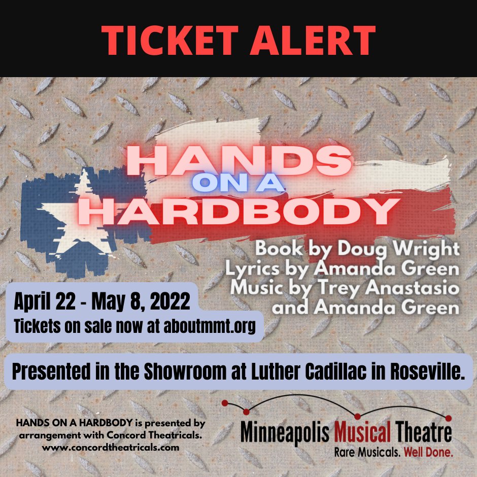 TICKET ALERT! There are 2 individual chairs left for opening night of Hands on a Hardbody - but there is still room in both the Bring-Your-Own-Chair and Standing Room Only sections. Get your tickets now at aboutmmt.org!
#Minneapolis #Musical #Theatre @lutherautogroup