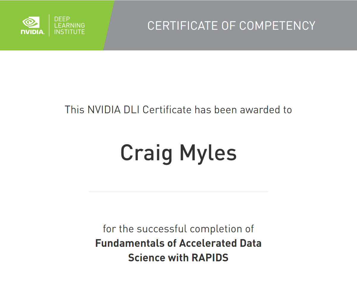 CraigGGMyles's tweet photo. Today I received my @NVIDIA Deep Learning Institute certification for Accelerated Data Science with @RAPIDSai!
Fantastic workshop, as always with NVIDIA DLI.
@NVIDIAAI @ApacheArrow @dask_dev #DataScience #ContinualProfessionalDevelopment https://t.co/QAKzZw9BIz