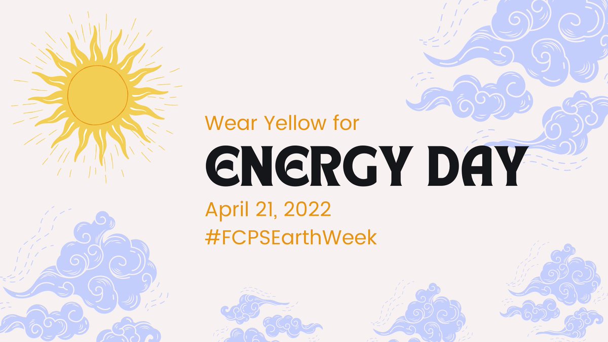 fcpsGet2Green's tweet photo. Wear Yellow on Thursday for Energy Day #fcpsearthweek 
How can we, as members of the community, conserve energy and educate others about energy conservation and its environmental and economic benefits? https://t.co/yATbPnPISF https://t.co/fxCY7XRph2