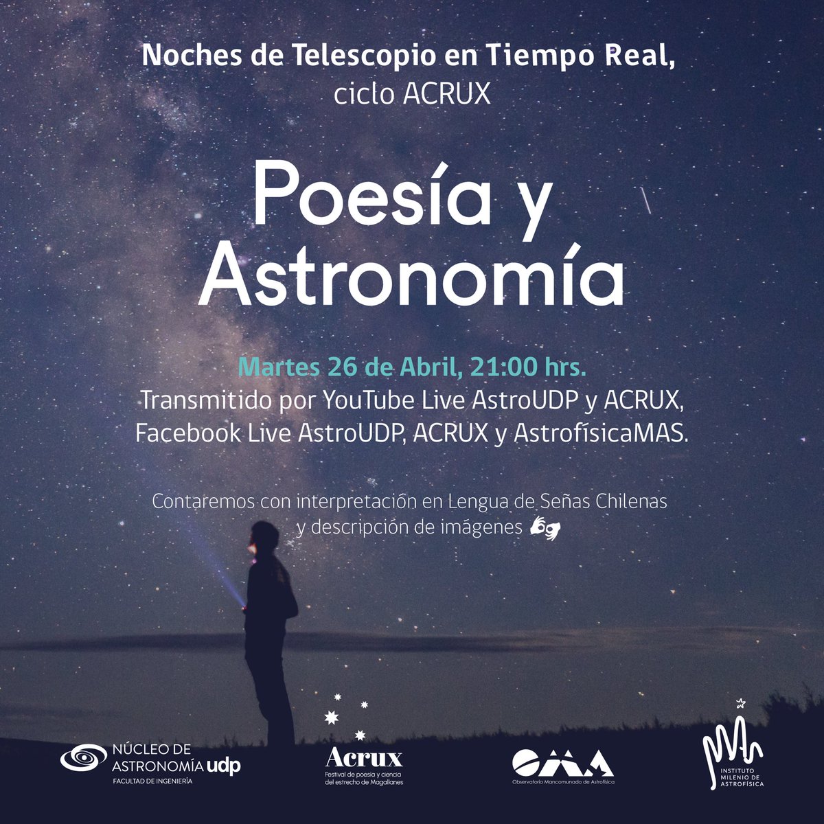 ¡En menos de una semana! #NochesDeTelescopio en #TiempoReal ciclo #ACRUX
Martes 26 abril 21:00 hrs, YT y FB @astroudp y #ACRUXFestival 
Ahora también por FB <a href="/astrofisicaMAS/">MAS</a> 🥰
#AstronomíaInclusiva con #DescripciónDeImagen por #Poetas y #Poetisas, y con intérpretes en #LSCh