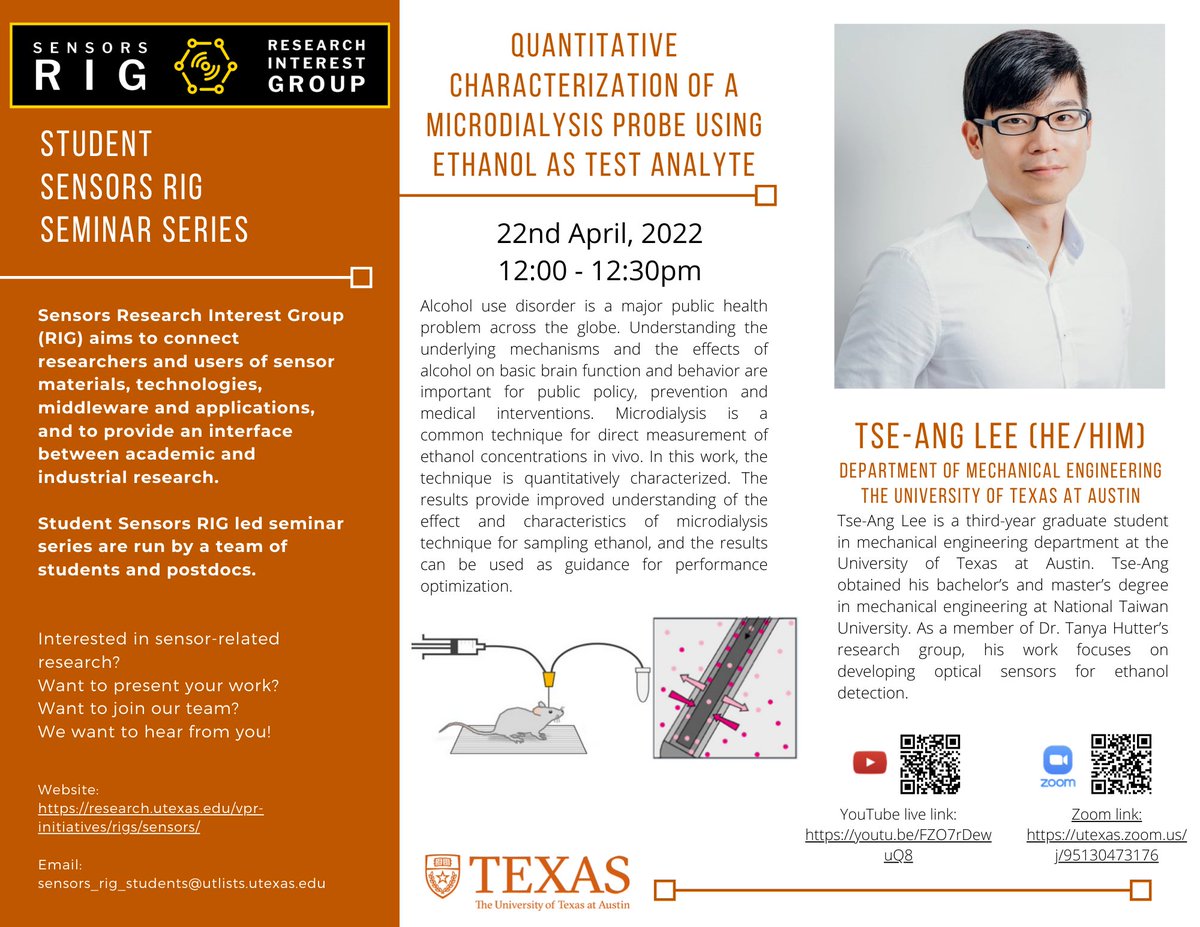 Hello All! Please join us this Friday, 4/22 at 12pm for a talk by Tse-Ang Lee. He will speak on "Quantitative Characterization of a microdialysis probe using ethanol as a test analyte." We hope to see you there!

Zoom: utexas.zoom.us/j/95130473176
YouTube: youtu.be/FZO7rDewuQ8