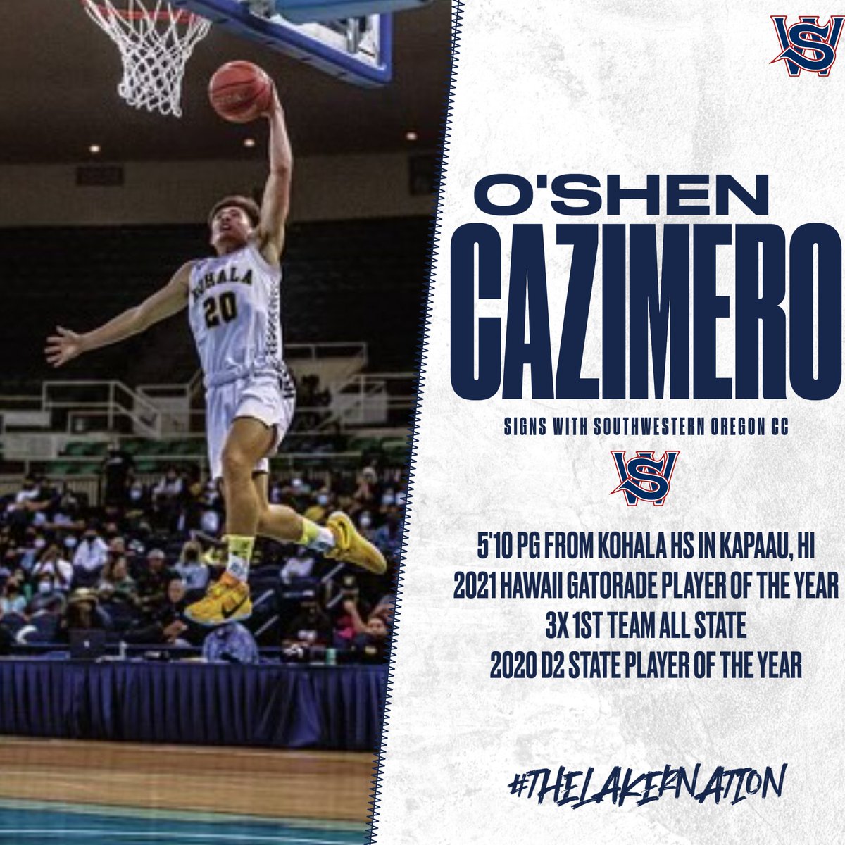 SWOCCBASKETBALL's tweet photo. We are excited to announce the signing of 5'10 PG O'shen Cazimero from Kohala HS in Kapaau, HI. O'shen was voted the 2021 Hawaii Gatorade Player of the Year and multiple 1st team all state and POY awards. We can't wait to get him on campus in the fall @oshencaz #lakerfamily https://t.co/87NhVe69qu