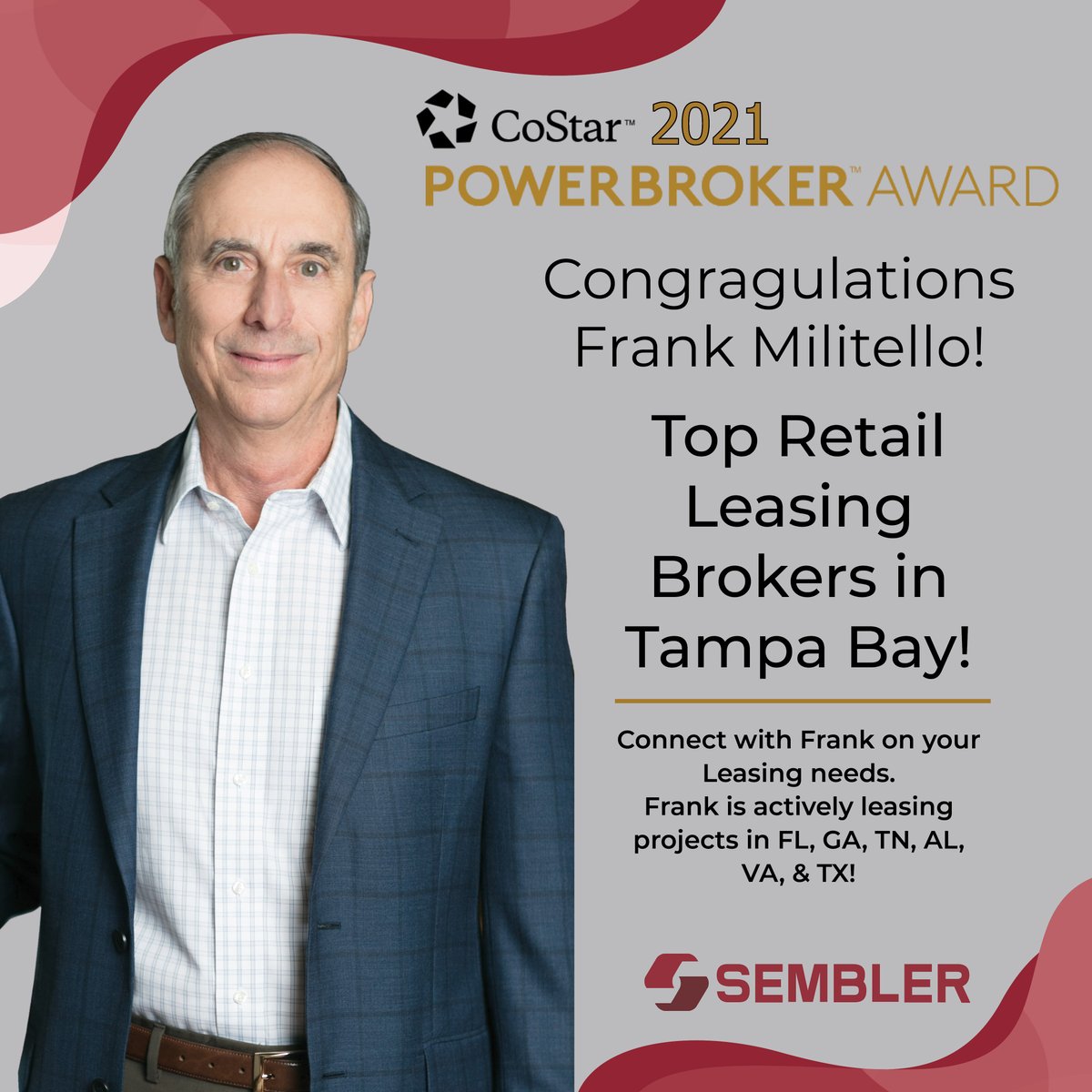 Congratulations to Frank Militello for being recognized by CoStar as a 2021 CoStar Power Broker in St. Pete &amp; Tampa Bay! 

#thesemblerco #sembler #realestate #retail #development #propertymanagement #shoppingcenter #costar #loopnet #commercial #florida #stpete #tampa #tampabay