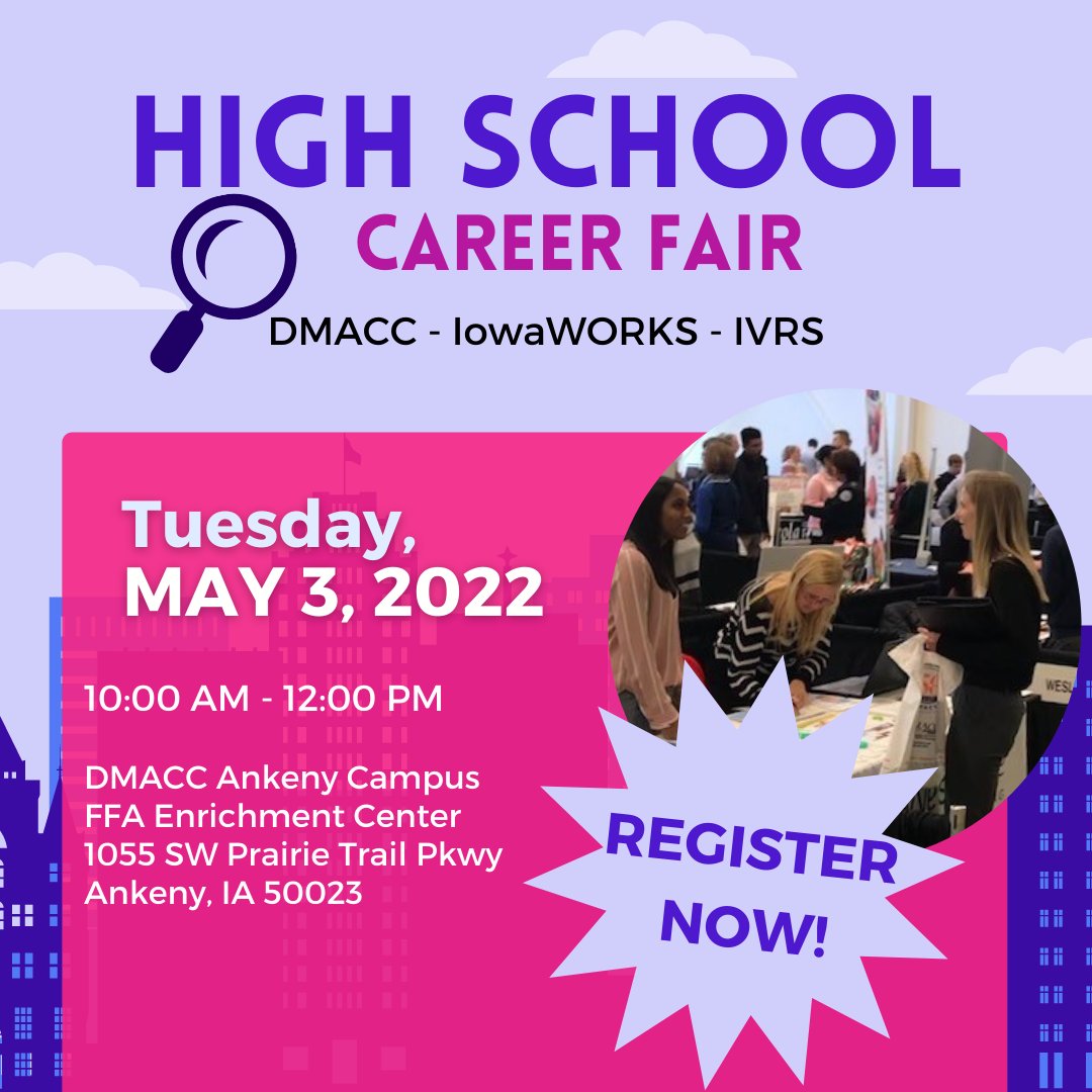 DMACC_CA's tweet photo. Are you looking for a part-time or seasonal job? Or do you just want more information about a future career? Join us for the DMACC-IowaWORKS-Iowa Vocational Rehabilitation Services High School Career Fair on Tuesday, May 3 at the FFA Enrichment Center on the DMACC Ankeny Campus. https://t.co/7e5nkdTlrB