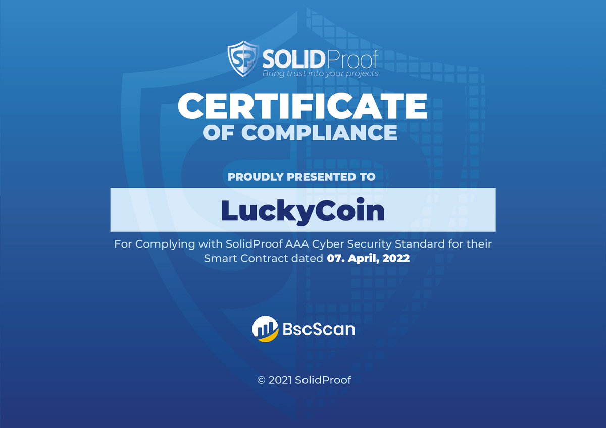 LuckyCoinLCK's tweet photo. We just received the final audit for LuckyCoin 🍀 
Thanks @SolidProof_io 

Full report here:
https://t.co/0DhNvU7hPf https://t.co/MSq6DuVRtI