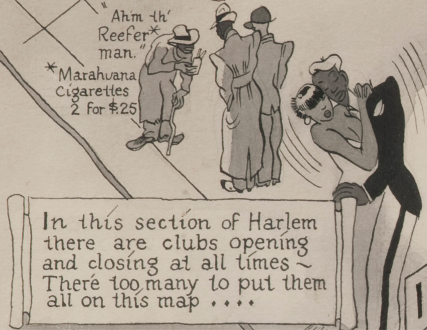 ReeferMan_'s tweet photo. Who was the #ReeferMan? A persona of contemporary urban culture, the Reefer man was the local cannabis distributor. Cab saw this character growing up in Baltimore. E. Simms Campbell's map of Harlem night clubs (1932) depicts the character in his iconic illustration style. 4/ https://t.co/84V1MHwlbi