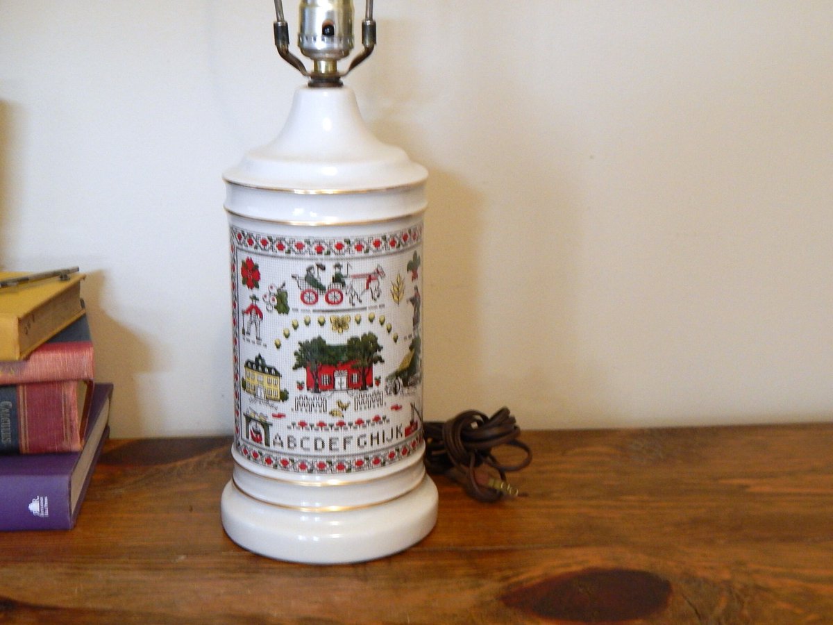 the latest addition to my #etsy shop: Vintage Lamp Sampler White Gold Ceramic Lamp Cross Stitch Unique etsy.me/3L0php2 #red #white #entryway #ceramic #ceramiclamp #vintagelamp #whitelamp #tablelamp #accentlamp