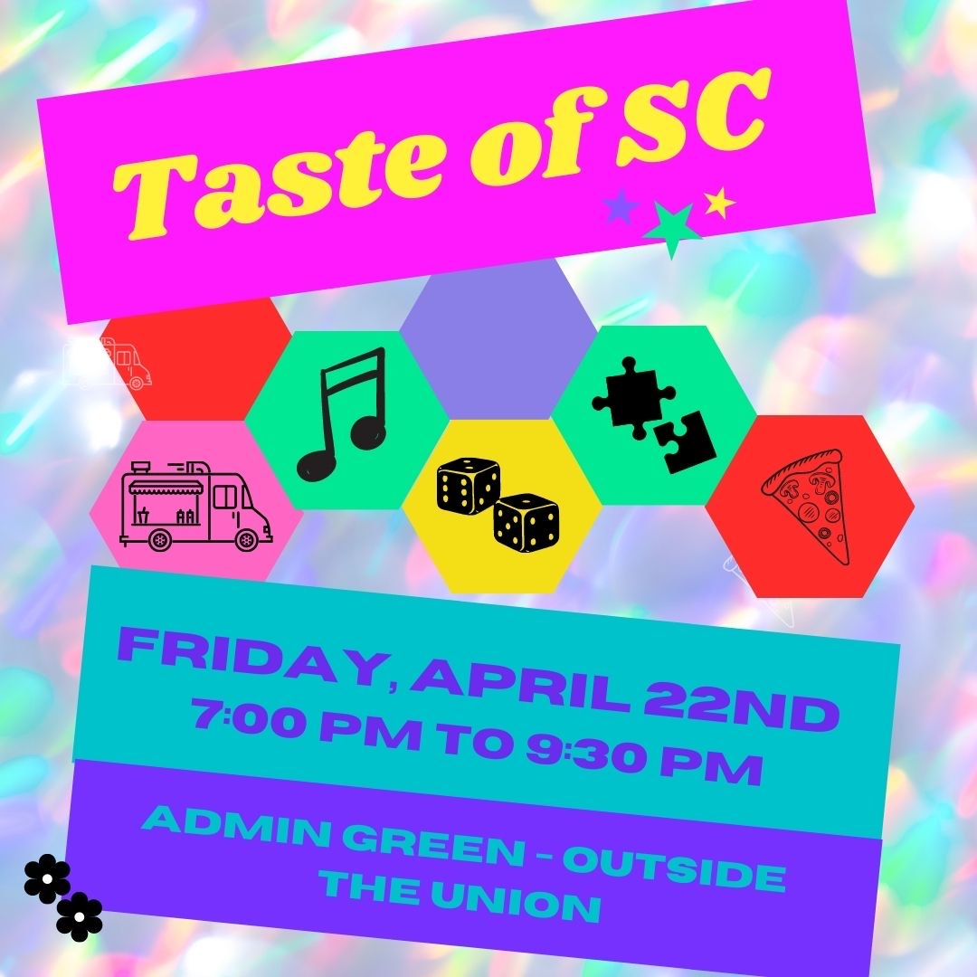 sc_reslife's tweet photo. Join us this Friday, April 22nd for Taste of SC!! 
Come enjoy some great food, music, and fun games as part of Sti-Yu-Ka week. See you there! https://t.co/ZeBqReJQk1