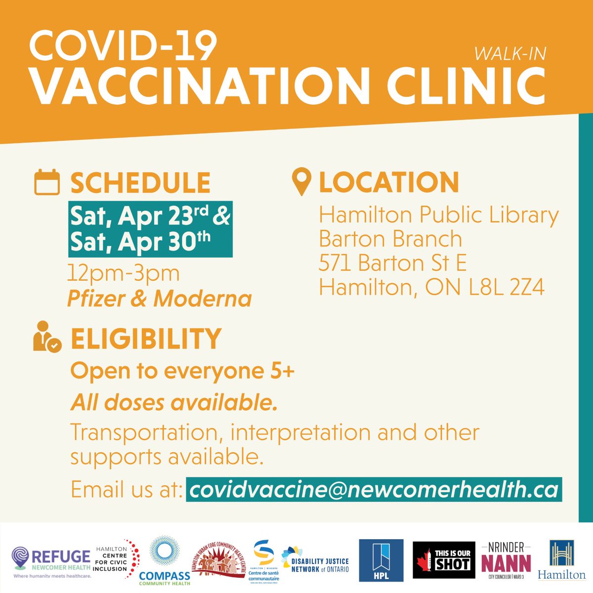 📣 #COVID19 vaccine clinic 📣
Run by @Refuge_HCNH

🗓️ April 23rd & 30th, 2022
📍 @HamiltonLibrary Barton Branch 571 Barton St. E
⏱️ 12pm - 3pm

1st/2nd/3rd/4th dose open to everyone 5+

Email covidvacccine@newcomerhealth.ca for more info

#COVIDHamOnt #HamOnt