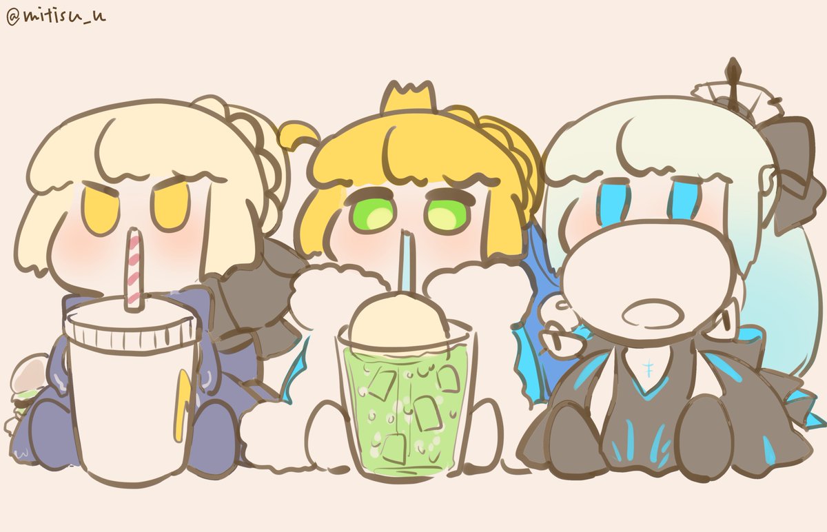 artoria pendragon (fate) ,morgan le fay (fate) multiple girls 3girls blonde hair crown drinking straw blue eyes yellow eyes  illustration images