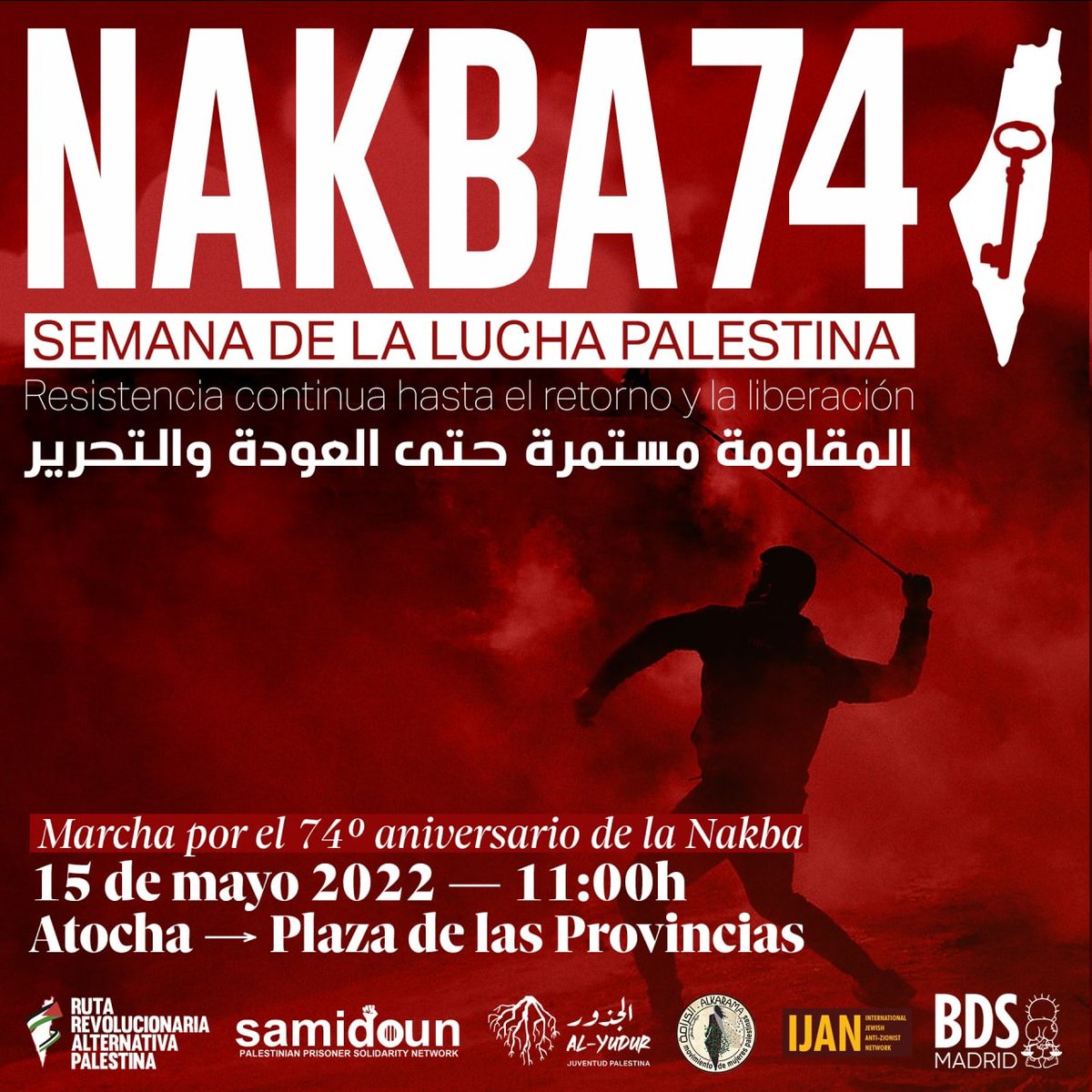 samidounspain's tweet photo. 🚨 El 15 de Mayo, salimos a las calles para apoyar una lucha que lleva más de 70 años librándose, para recordar la Nakba continua que sufre el pueblo palestino y para luchar por Palestina libre #DelRioAlMar y el retorno! 🇵🇸

11:00h -> Atocha 

Acude, apoya y difunde ✊🏿
#Nakba74 https://t.co/XFxcL6yymZ