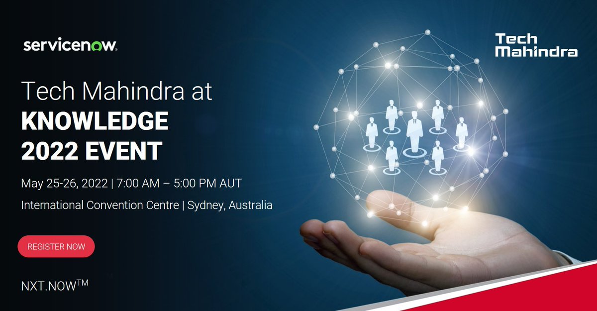 tech_mahindra's tweet photo. Knowledge is coming to Sydney!
Explore new ideas, innovations, stories, and expand your knowledge & skills.
May 25-26, 2022 | International Convention Centre, Sydney | 7:00 AM – 5:00 PM AUT
Register now: https://t.co/sWGsbm63KP
#ServiceNow #TechMInAPJI #DigitalTransformation https://t.co/zEQ8BrSarD