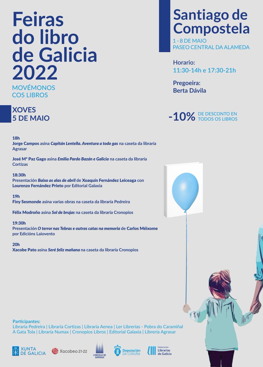 Librarías de Galicia (@librariasgal) on Twitter photo Xa imos polo quinto día da #FeiradoLibro de Compostela (e só quedan 3!).
Non perdades as sinaturas programadas nas casetas das librarías Agrasar, Cortizas, <a href="/libpedreira/">libraría Pedreira🍍🍉</a> e <a href="/CronopiosLibro/">Cronopios Libros</a>, nin as dúas presentacións programadas por <a href="/laiovento/">Edicións Laiovento</a> e <a href="/EdGalaxia/">Editorial Galaxia</a>
#MovémonosCosLibros Xa imos polo quinto día da #FeiradoLibro de Compostela (e só quedan 3!).
Non perdades as sinaturas programadas nas casetas das librarías Agrasar, Cortizas, <a href="/libpedreira/">libraría Pedreira🍍🍉</a> e <a href="/CronopiosLibro/">Cronopios Libros</a>, nin as dúas presentacións programadas por <a href="/laiovento/">Edicións Laiovento</a> e <a href="/EdGalaxia/">Editorial Galaxia</a>
#MovémonosCosLibros