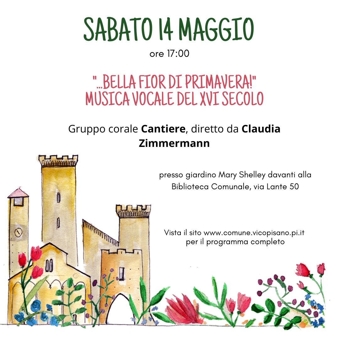 VicopisanoF's tweet photo. 🌸 Il gruppo corale Cantiere, diretto dalla bravissima Claudia Zimmermann, si esibirà presso il giardino Mary Shelley davanti alla biblioteca alle ore 17! https://t.co/Qzs3amEvqn
