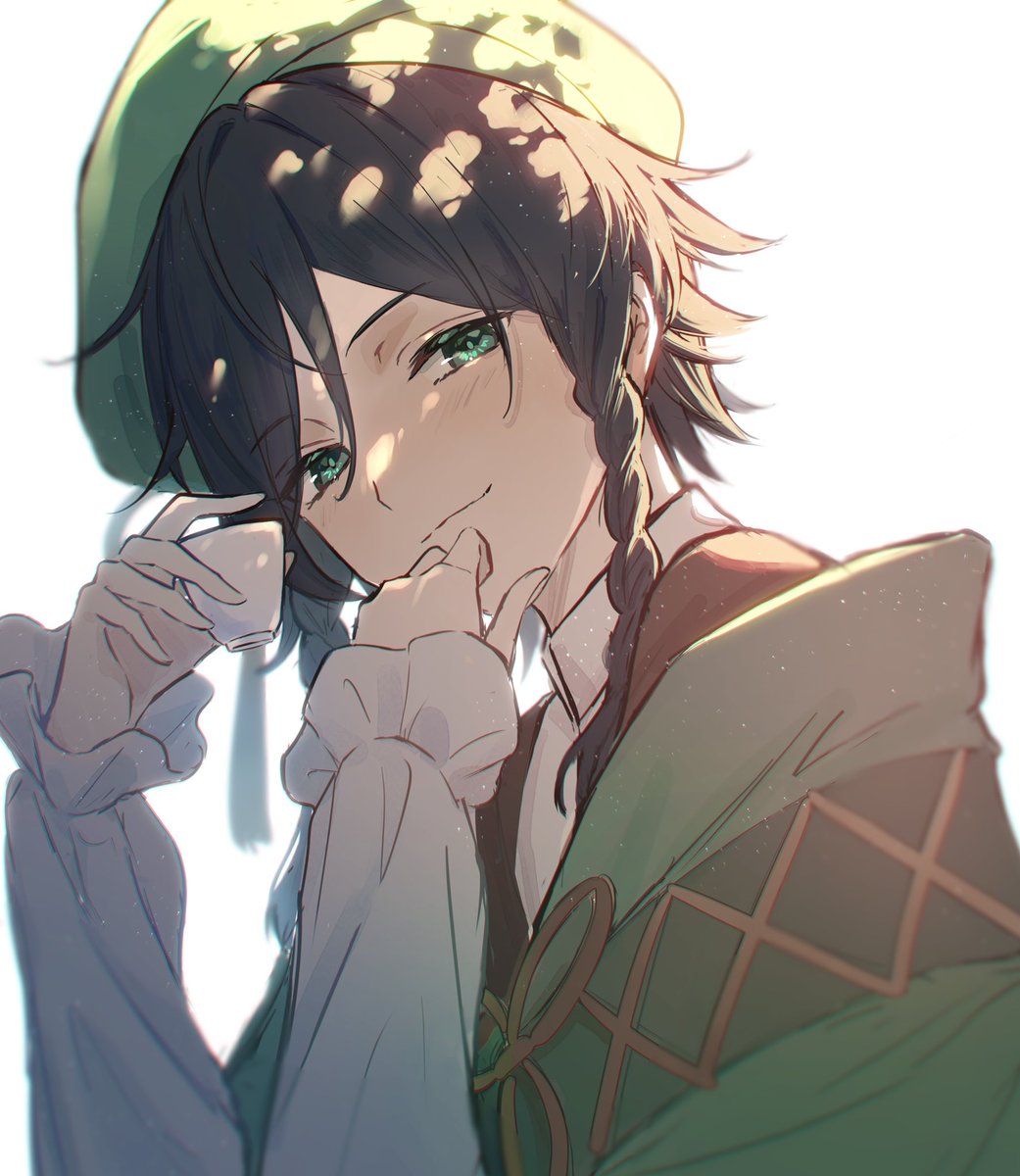 venti (genshin impact) 1boy male focus solo hat green headwear black hair braid  illustration images