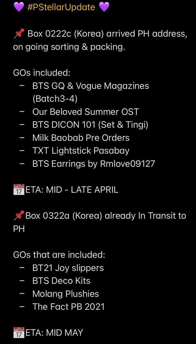 PurpleStellarPH's tweet photo. #PStellarUpdate
Hellooo!! Good news! Box 0222c (Korea) has already arrived at our PH address. Please give us time to sort & pack.
*See photo for box inclusions*
Shipping request form:
https://t.co/dWJifwZYO5 https://t.co/FhHsLXa6zr