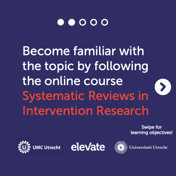 ElevateH's tweet image. Systematic Reviews in Intervention Research
This online course is part of the Epidemiology Master's programme at Utrecht University.
📆 Enroll before 23 May 2022 to start your course! bit.ly/3kFobn8
#systematicreview #research #elevatehealth