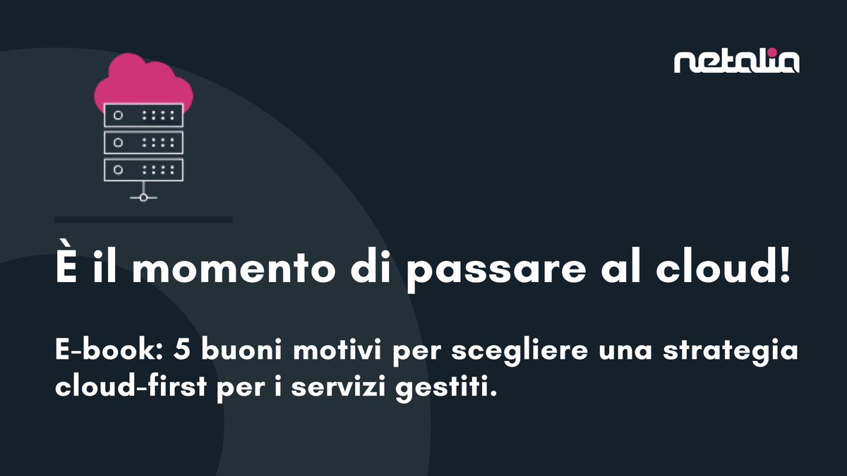 ☁️ Il momento di passare al #cloud è ora! 

Scarica il nostro e-book gratuito e scopri i 𝟱 𝗯𝘂𝗼𝗻𝗶 𝗺𝗼𝘁𝗶𝘃𝗶 𝗽𝗲𝗿 𝘀𝗰𝗲𝗴𝗹𝗶𝗲𝗿𝗲 𝘂𝗻𝗮 𝘀𝘁𝗿𝗮𝘁𝗲𝗴𝗶𝗮 𝗰𝗹𝗼𝘂𝗱-𝗳𝗶𝗿𝘀𝘁 𝗽𝗲𝗿 𝗶 𝘀𝗲𝗿𝘃𝗶𝘇𝗶 𝗴𝗲𝘀𝘁𝗶𝘁𝗶👉 lnkd.in/gPbQVRx6

#MSP #ebook #Netalia