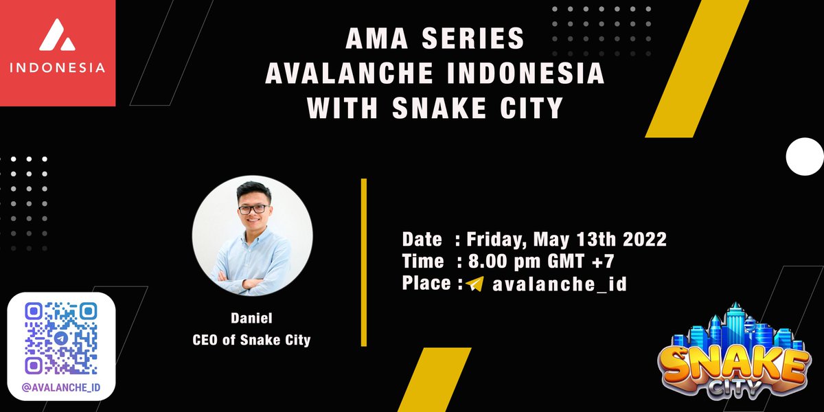 Voice AMA Pertama di #Avalanche Indonesia bersama tim @snakecity_io!! 📅 Jumat, 13/05/22, 8 pm (UTC+7) 🏟️ t.me/avalanche_id 🔖 t.me/avalanche_id/5… ⚠️ Akan ada testing game #SnakeCity saat AMA berlangsung!! Form Testing Game akan segera dibagikan.. Stay tuned!!