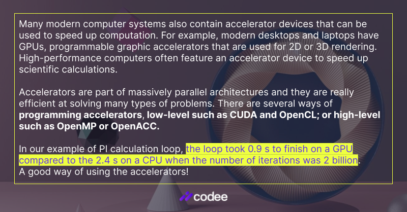 codee_com's tweet image. #CodeePerformanceTip: Performance improvements are possible by distributing the workload to accelerators, such as GPUs. 
From our blog about many ways to speed up your program in the post: codee.com/many-ways-to-s…👇