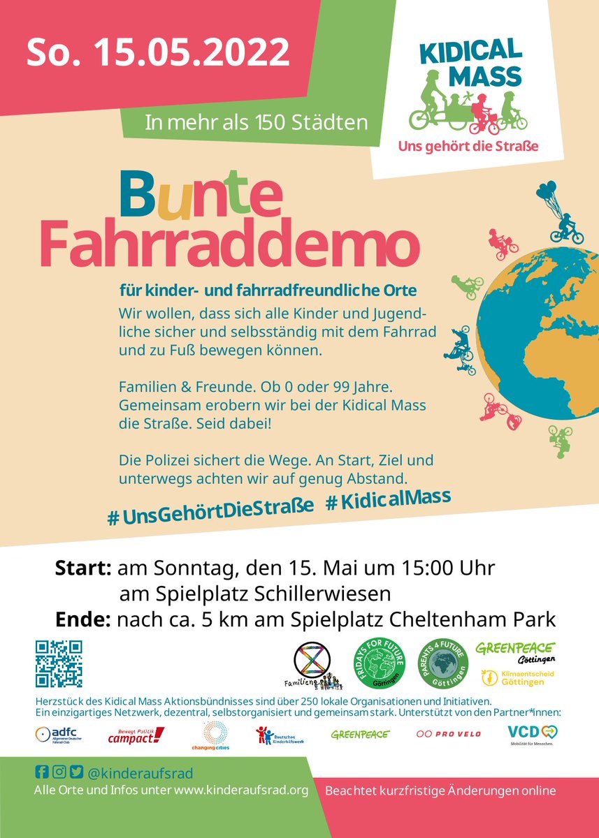 Zum bundesweiten Aktionswochenende organisiert unsere <a href="/XRFamilien_DE/">XR Familien</a> Gruppe am 15. Mai um 15 Uhr in #Göttingen erneut eine #KidicalMass  🚴‍♂️🚴‍♀️

Klein und Groß sind gleichermaßen herzlich eingeladen mitzuradeln! 🛴

Start ist wie immer an den Schillwiesen. Ende am <a href="/KlimacampGoe/">Camp für Klimagerechtigkeit Göttingen</a>