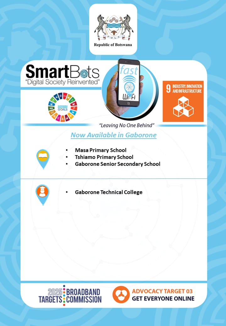 SMARTBOTS FREE WI-FI 

SmartBots unlimited free Wi-Fi now available in Gaborone. Connet and be empowered

 #SmartBots #DigitalTransformation #ResetAgenda #WholeOfGovernment #LeavingNoOneBehind #SDG9 #UNBroadbandAdvocacyTarget3