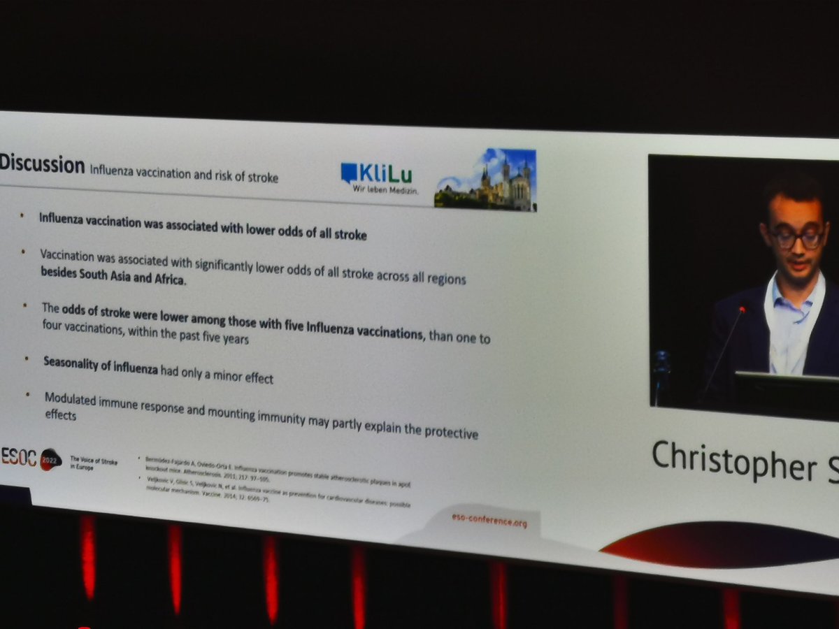 hoygarden's tweet photo. #esoc2022 @ESOstroke Acute febrile illness confers an increased risk of ischemic stroke. Influenza vaccination has a protective effect.
#interstroke provides support for vaccination to preserve the brain! https://t.co/avPtnhPE4n