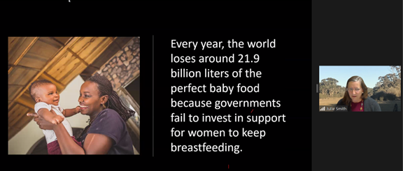 Dr Julie Smith outlines how #breastfeeding has not been given economic value & investment it deserves: resulting in loss of 21.9 billion litres of #breastmilk per annum (valued at US$2.2 trillion). The groundbreaking new #MothersMilkTool will help make true value more visible 😍